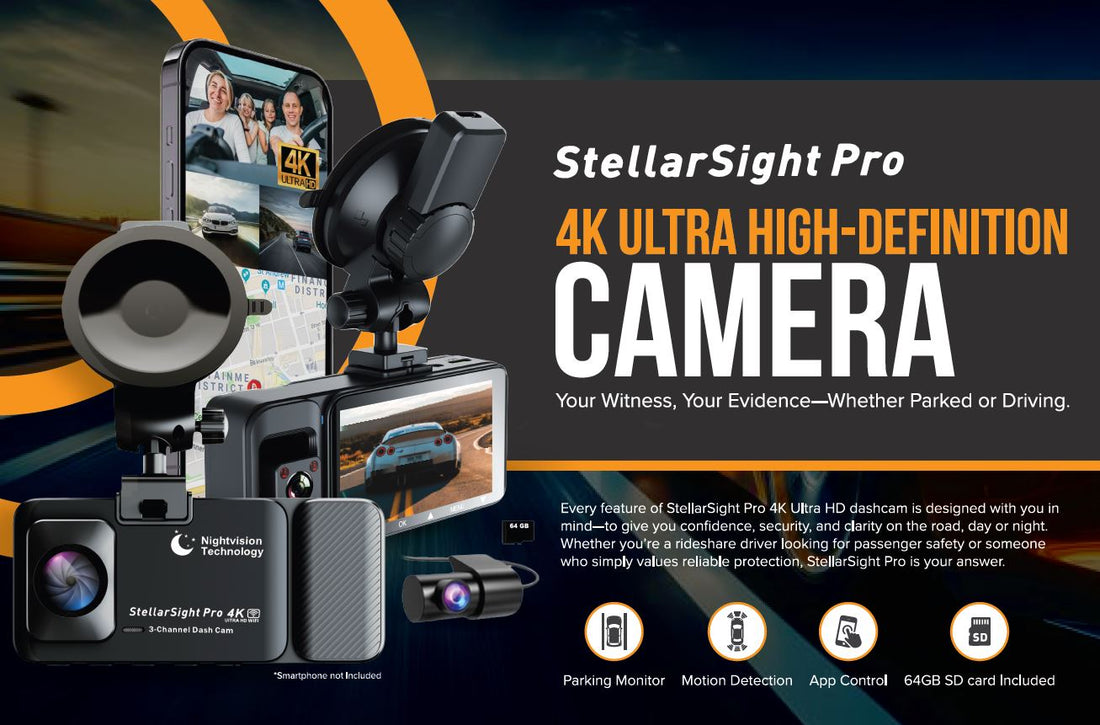 StellarSight Pro 4k UHD 3-Channel Car Dash Cam w/64GB SD Memory Card included!