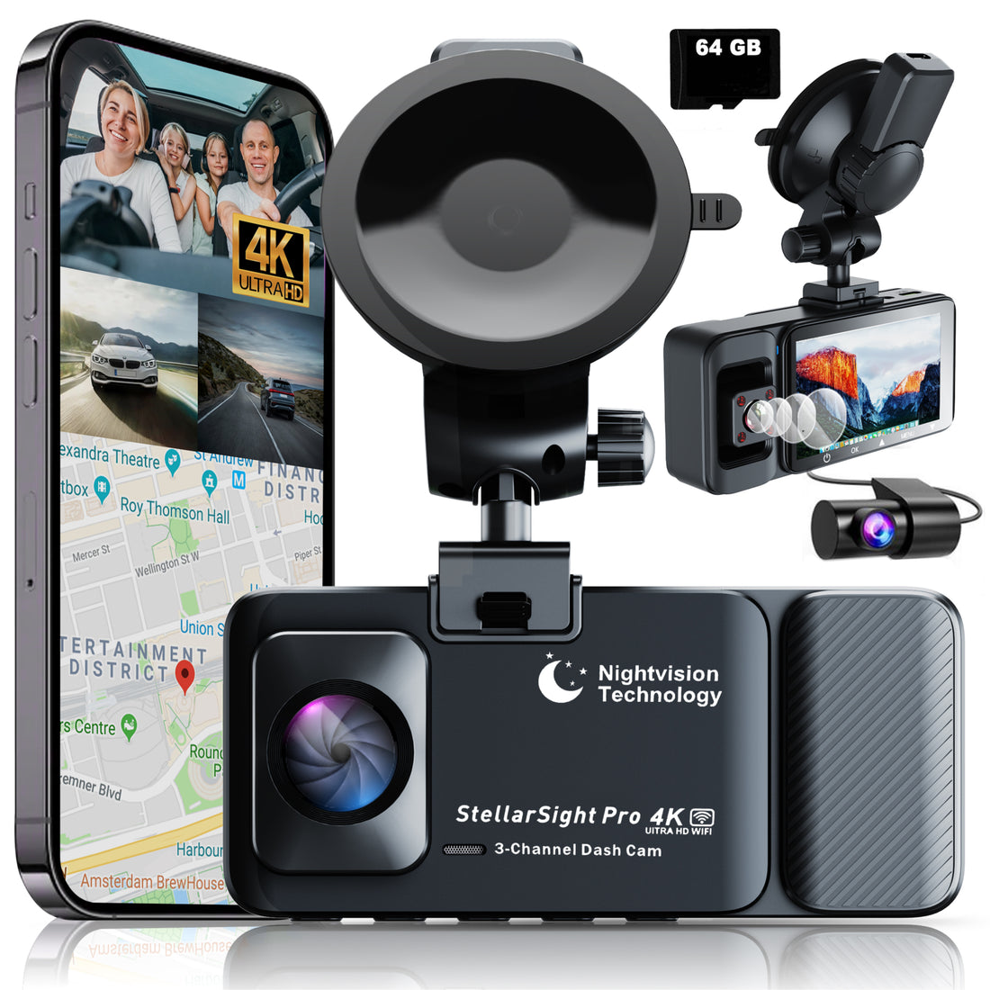 StellarSight Pro 4k UHD 3-Channel Car Dash Cam w/64GB SD Memory Card included!