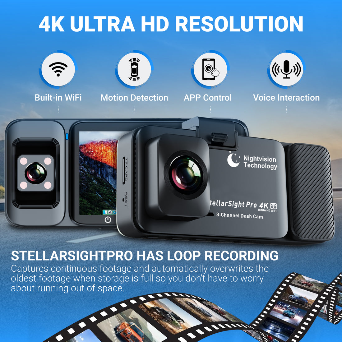 StellarSight Pro 4k UHD 3-Channel Car Dash Cam w/64GB SD Memory Card included!